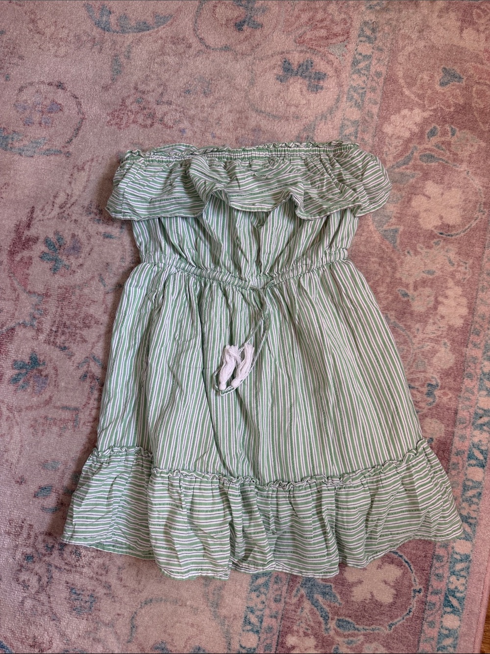 American Eagle Outfitters Green and White Stripe Ruffle Strapless Dress